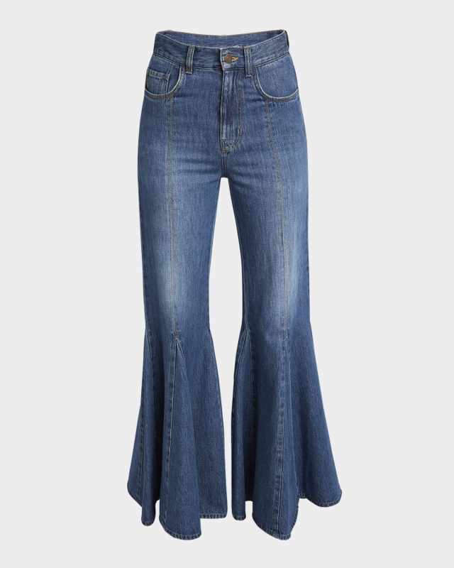 High-Rise Godet Flare Denim Trousers